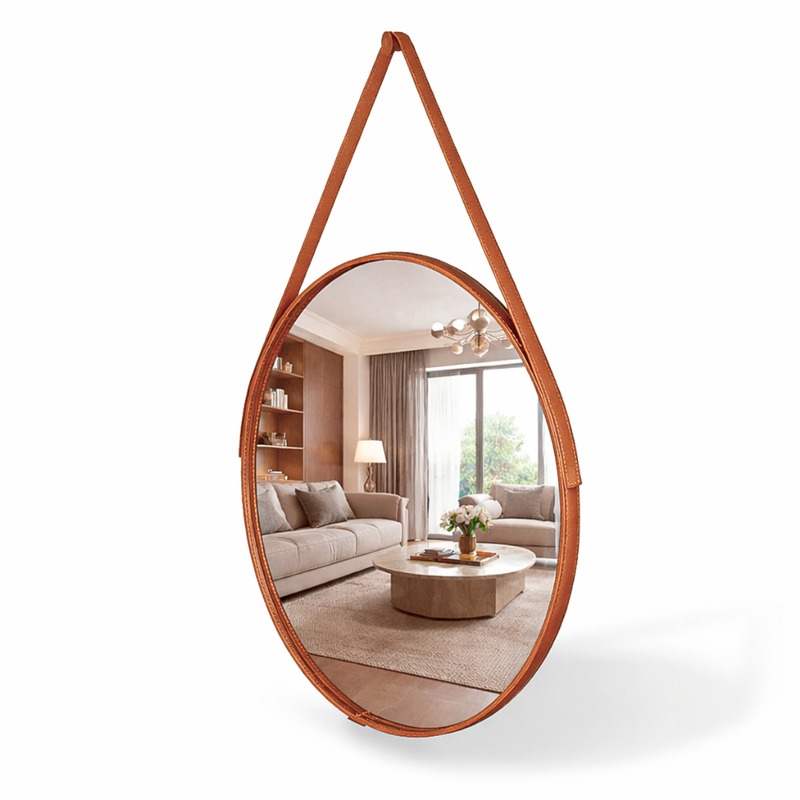 Espelho Redondo Decorativo Adnet com Alça de Couro – Design Moderno para Sala, Quarto e Banheiro (30 a 60cm)