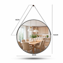 Espelho Redondo Decorativo Adnet Alça Couro Suporte 60cm 50cm 40cm 30cm Sala Quarto Banheiro Hall